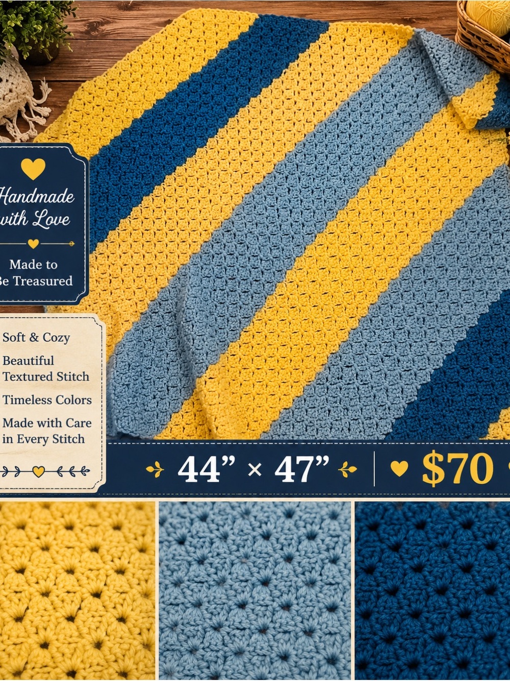 Hand Crafted Yellow, Light Blue & Navy Striped Crochet Throw Blanket